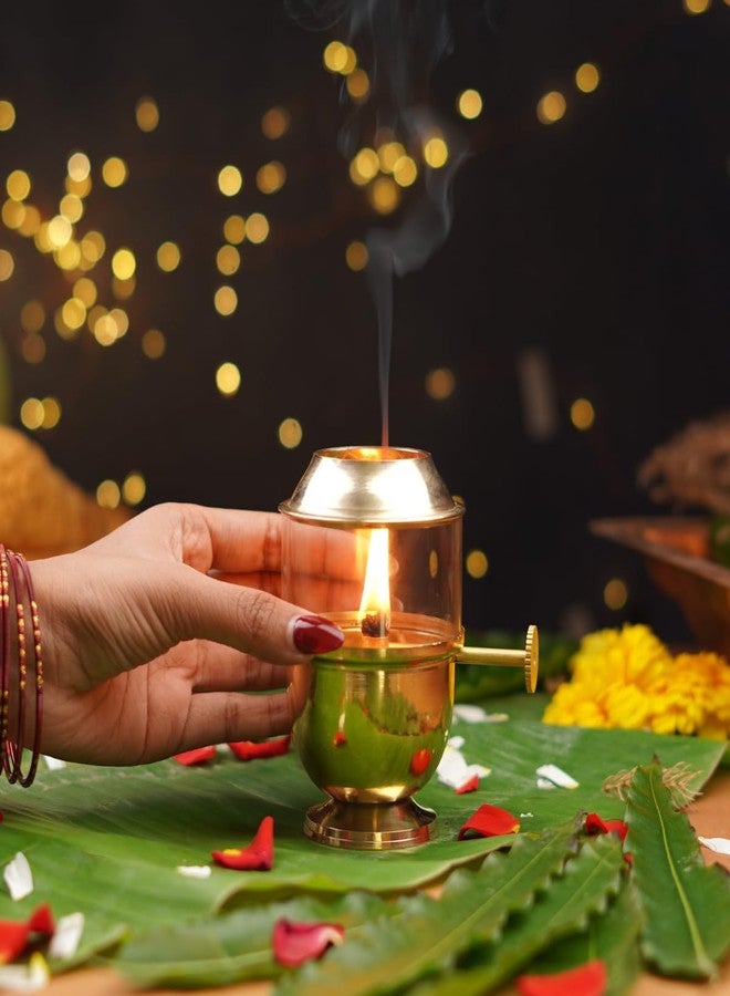 ServDharm Brass Akhand Jyot Diya with Adjustable Bati for Puja, Wick Adjustment Screw and Borosilicate Glass Cover I Medium, 150 ml Oil Capacity, Long Lasting 24 Hours Burning, Wicks Included - Image 1